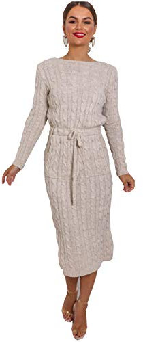 Top Fashion18 Ladies Cable Knitted Long Sleeve Pocket Tie Up Casual Cable Jumper Midi Dress Size 8-16