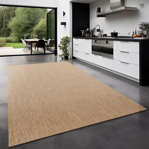 TT Home Teppich Für Outdoor Küchenteppich Balkon Terrasse Unifarbenes Design Modern, Farbe: Natur, Größe:120 cm Rund