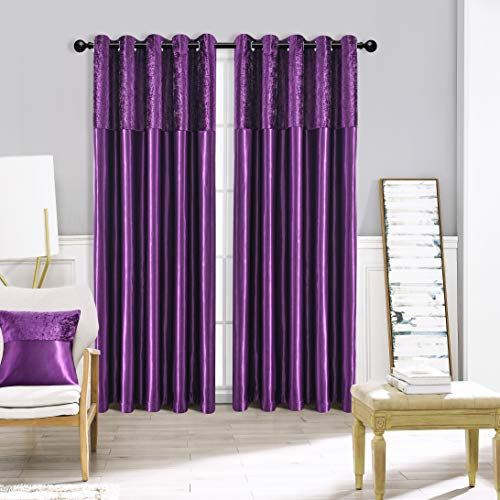 ROOEE Crushed Velvet Faux Silk Curtains - Eyelet Ring Top and Fully Lined (Purple, 46 Wide x 90 Drop)
