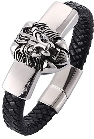 Skcess Männerarmband Silber,Armband Herren Leder Löwenkopf Geflochtenes Lederarmband Rostfreier Stahl Männer Armband 18.5cm