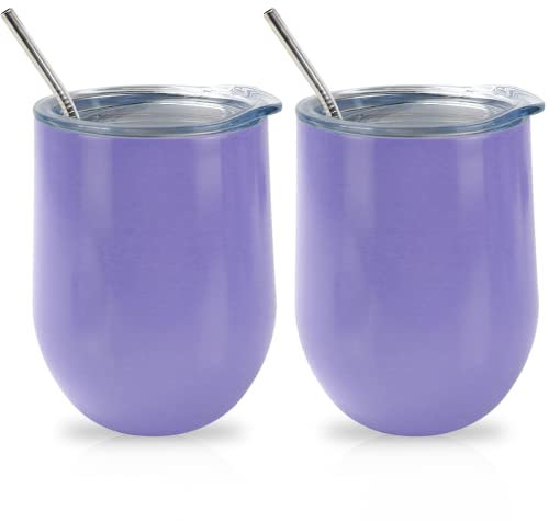 QUTHZZHY 2 Stück Weinbecher Edelstahl, 12 OZ Weinbecher mit Deckel, Weinbecher To Go mit Strohhalm, Doppelwandig Weinglas, für Wein Kaffee Champagner Cocktails Heißgetränke
