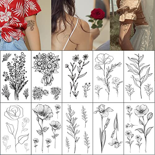 Esland Realistische Strichzeichnungen Blumen Temporäre Tattoos 10 Stück Kleine Abnehmbare Botanische Blatt Tattoo Aufkleber für Frauen