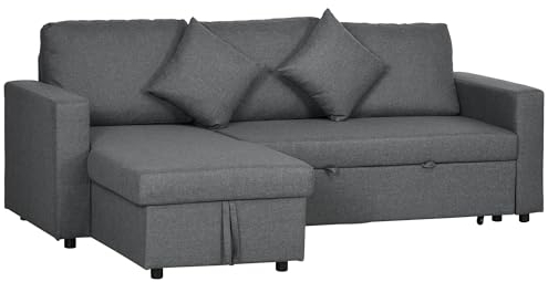 HOMCOM Corner Sofa Bed with Storage, 3 Seater Pull Out Sofa Bed, Convertible L Shape Sofa Couch with Reversible Chaise Lounge for Living Room, Dark Grey