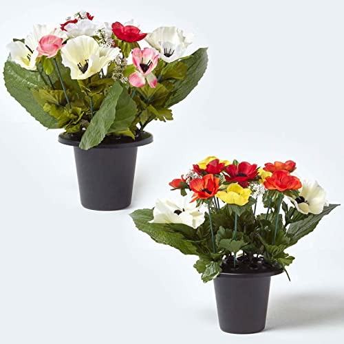 HOMESCAPES Set of 2 Artificial Grave Vases with Pink Orange & Yellow Anemone Faux Flowers Grave Flowers in Black Pot, 30 cm