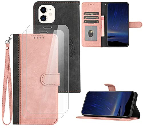 Hoyoikun Flip Custodia in Pelle PU Premium per iphone 12 MINI+(2 Pezzi Vetro Temperato).Custodia Sottile in Pelle per Telefono,Premium PU/TPU,Supporto Stand,Chiusura Magnetica viola-Rosa