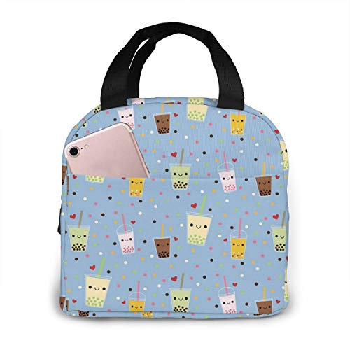 FJAUOQ Happy Boba Bubble Tea Lunchtasche für Frauen,Mädchen,Kinder,isolierte Picknicktasche,Thermo-Kühltasche,Bento,große Meal-Prep-Tasche,weiche Taschen für Lunchbox,Camping,Reisen,Angeln