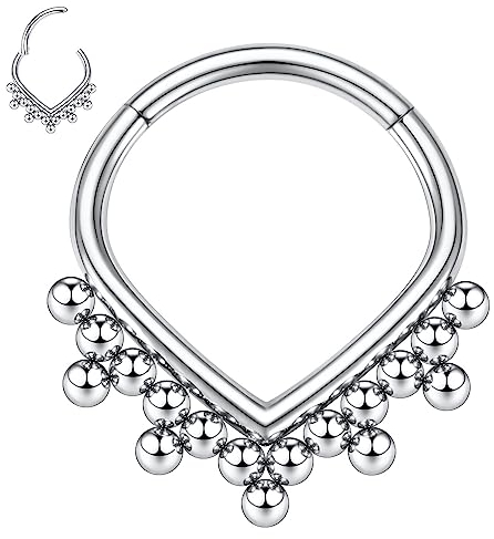 hengkaixuan 16G Daith Ohrringe Chirurgenstahl Septum Clicker Ring Tropfenförmiger Nasenring mit Perlen Septumschmuck Silber Conch Piercing Clicker Ring Rook Helix Knorpel Tragus Creolen 10 mm