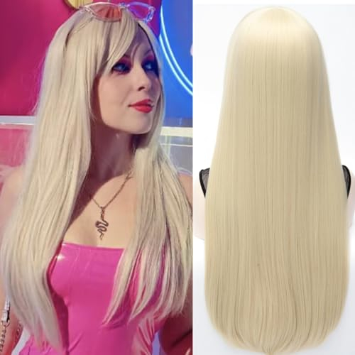 PORSMEER Lange Gerade Glatt Blond Perücken mit Pony für Frauen Natürliche Kunsthaar Halloween Perücke für Tägliche Party Cosplay Verwendung 70 cm