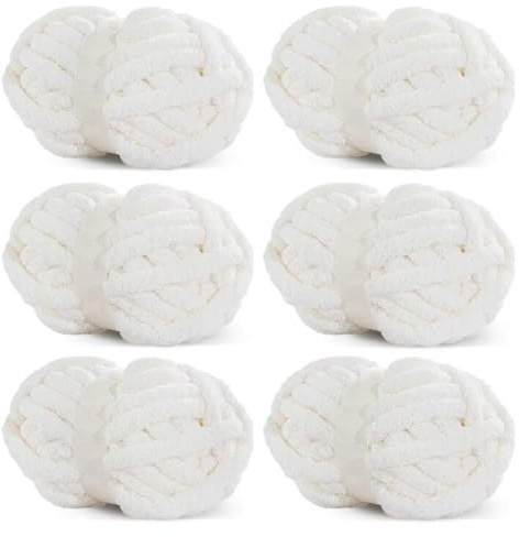 HOMBYS Weißes grobes Chenille-Garn zum Häkeln, sperriges, dickes, flauschiges Garn zum Stricken, super sperriges grobes Garn für Handstrickdecken, weiches Plüschgarn, 6 Jumbo-Packungen (27 m, 227 g