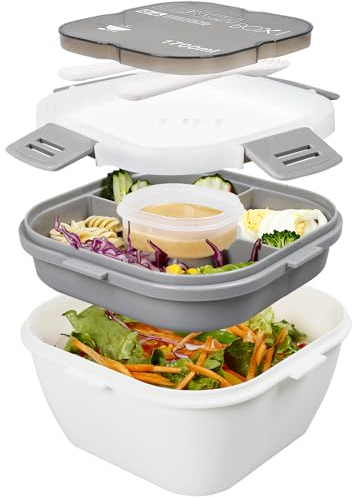 Greentainer Lunchbox Auslaufsichere Bento Box mit 1 Gabel, Salatbehälter mit Dressingbehälter, 3 Fächer Salatbox-to-go für Schule,Arbeit,Picknick, Reisen,Camping (Weiß, 1700ML)