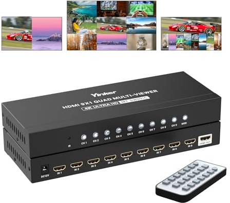 Yinker 4K HDMI Multiviewer 9x1, 9-Screen HDMI Splitter Seamless Switcher 9 in 1 Out with IR Remote, Multiple Modes, 4K@30Hz, HDMI 1.4 & HDCP 1.4 for PS5 Xbox TV Monitor Projector
