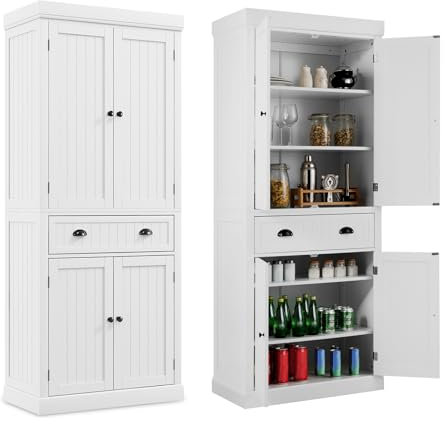 COSTWAY Armoire de Rangement, Armoire Chambre 4 Portes avec Grand Tiroir, 4 Étagères Réglables, Armoire Chambre Blanche 183 cm pour Salon, Salle à Manger, Chambre(Blanc)