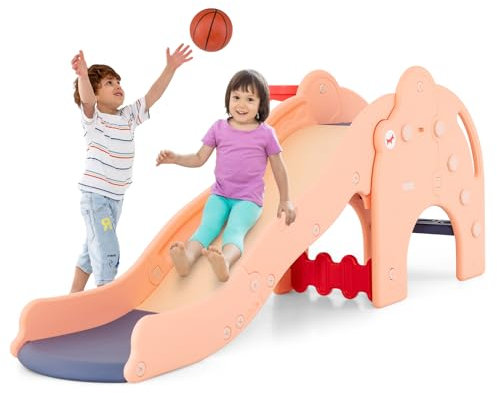 GOPLUS Tobogán Infantil 4 en 1 con Forma de Elefante con Cesta de Baloncesto y Globo, Zona de Amortiguación, Pasos Antideslizantes para Niños de 1,5-4 Años, Carga 50 kg (Rosa)