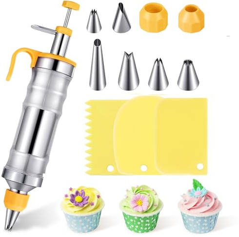 Tortenspritze,Garnierspritze Edelstahl,400ml Kuchenspritze Wiederverwendbarer,Profi Sahnespritze mit 6 Tüllen,Dessert Dekorieren Spritze,Garnierspritze Profi für Cupcakes, Torten Dekorieren, Kuchen