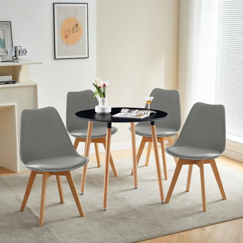 LafeuR Esstisch mit 4 Stühlen Essgruppen, Esszimmergruppe Küchentisch-Set für 4 Personen Sitzgruppe für Wohnzimmer Küche Büro(Runder Schwarz Tisch + 4 Buche Grau Stühl)