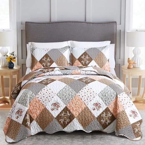 WONGS BEDDING Tagesdecke 220x240 Khaki Braun Patchwork Bettüberwurf Gesteppt Bedspreads Blumen Muster Steppdecke Mikrofaser kariertem Tagesdecke mit 2 Kissenbezug 48x75