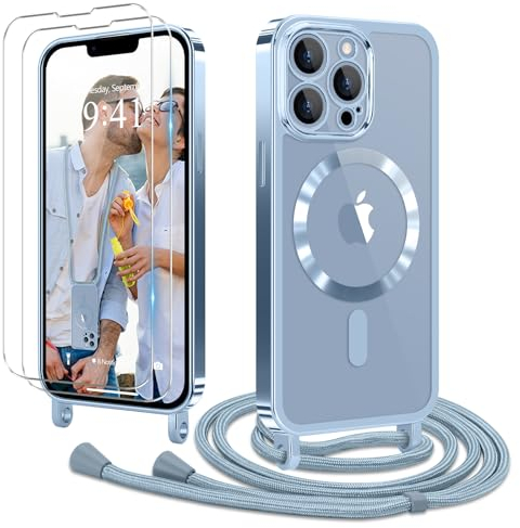 Ethanger Handyband für iPhone 13 Pro Max Hülle mit Band + 2 Stück Glas Schutzfolie Transparent Silikon Handyhülle zum Umhängen Magnetische Schutzhülle für iPhone 13 Pro Max Blau