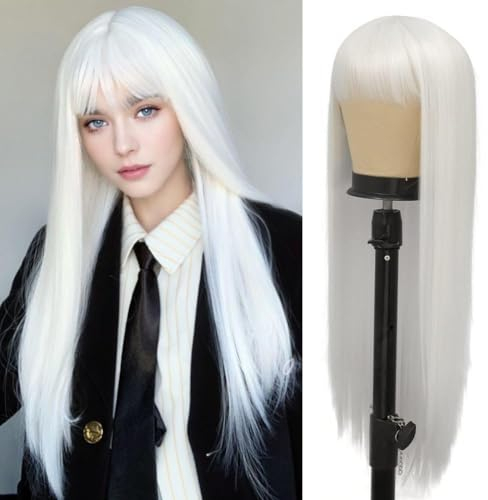 Siudus Frauen Weiß Gerade Lange Perücken mit Bangs Synthetische Natürlich aussehende Haar Perücke für Cosplay Halloween Gebrauch