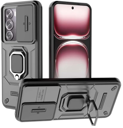PEIYE Cover per Oppo Reno 12 Pro 5G, Custodia in Silicone Morbido e PC Armor, Case Antiurto con Anello Rotativo 360° e Protezione Scorrevole per Lente (Nero)