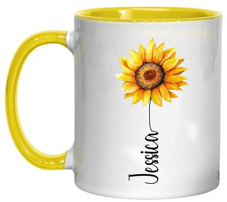 Personalised Sunflower Name Mug - Pretty Flower Gift - 11oz Ceramic Coffee Cup (Yellow Mug)