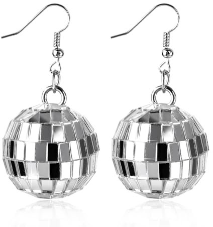Discokugel-Ohrringe, Silberne Kugel-Ohrringe Lustige Ohrringe Disco-Accessoires 70er-Jahre-Spiegel Disco-Cowgirl-Outfit für Frauen