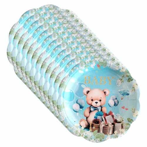 BRTNUP Ensemble de vaisselle de fête motif ours bleu/rose, 24 pièces jetables, serviettes, vaisselle de fête pour anniversaire, fête des mères, fête prénatale