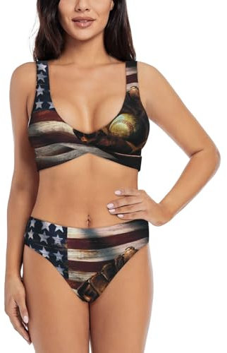 Maillot de bain femme imprimé drapeau américain baseball maillot de bain taille haute bikini deux pièces sport maillots de bain, Noir , XXL