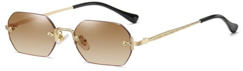 WDZAYXC Retro randlose Sonnenbrille für Damen Herren Hexagonal Sonnenbrille-Gold/Farbverlauf Braun