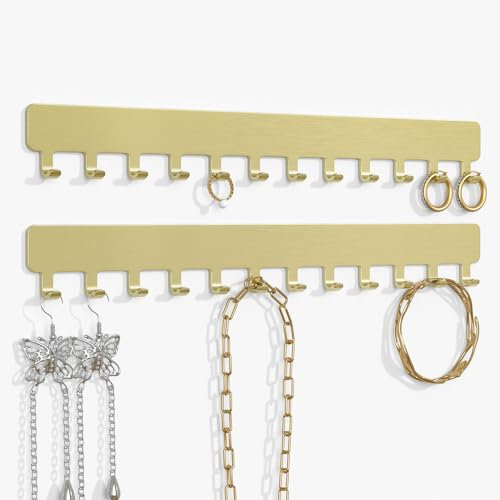Josmimic Kettenhalter Schmuckaufbewahrung Wand - Robuster Schmuck Organizer für Halsketten, Armbänder und Ohrringe - Platzsparende Lösung, Einfache Klebemontage, Metall, Gold