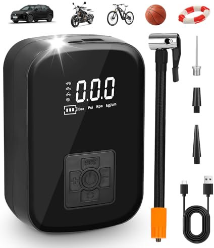 Nuxory Compressore Aria Portatile Auto, 150PSI Elettrico Pompa Elettrica per Bicicletta con Luce LED e Display LCD, 4 modalità, Mini pompa ad aria compressore per Auto,Moto,Biciclette e Palloni