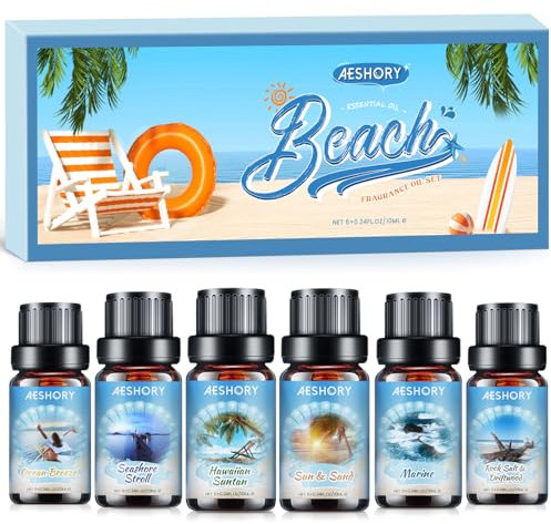 AESHORY Set di Oli Essenziali di Spiaggia 6 x 10ML, Estiva Olio Profumato per Aromaterapia per Diffusori - Abbronzatura Hawaiana, Passeggiata in Riva al Mare, Brezza Oceanica, Sole & Sabbia, Marino