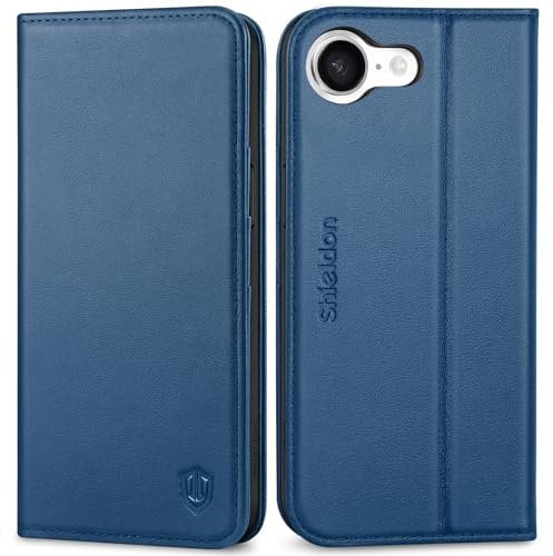 SHIELDON Wallet Case for iPhone 16e 5G 6.1 2025, Genuine Leather Flip Case [Card Holder][Kickstand][RFID Blocking] Magnetic Closure Shockproof Folio Cover Compatible with iPhone 16e - Royal Blue