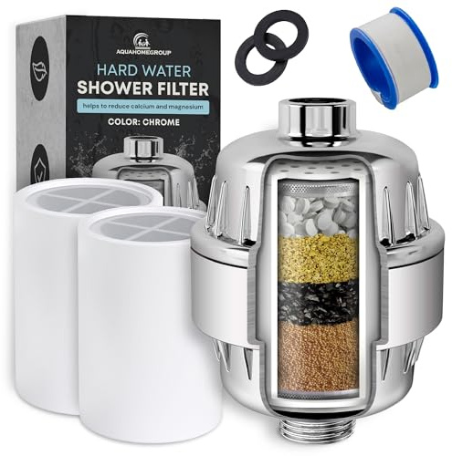 AquaHomeGroup Shower Head Filter, 5-Stage, Resin, Carbon, KDF | High-pressure, universal fit shower filter for particle and residue buildup, 5-stage filtration with resin, carbon and KDF