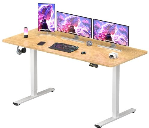 SANODESK QS-Gaming Escritorio Elevable Eléctrico 160x60 cm, Regulable en Altura, Control con Función de Memoria y Gancho, Arce
