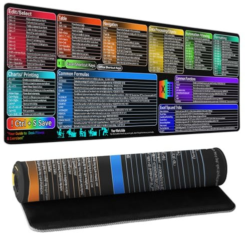 Excel, tappetino per mouse con tasti di scelta rapida, grande, XL, per PC, ufficio, tastiera, tappetino da scrivania per computer portatile, con base in gomma antiscivolo, bordo cucito, tappetino per