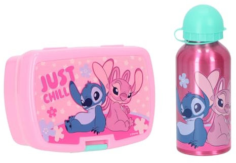 Disney Stitch Brotdose mit Trinkflasche Rosa – Kinder Lunchbox Set, 2-teilig, ideal für Schule, Kindergarten & Ausflüge