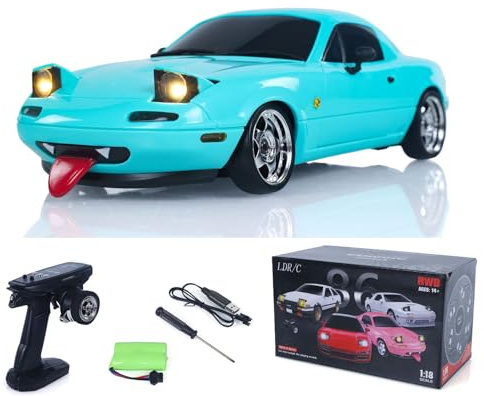 wheelfun 1:18 RC Drift Rennwagen, 2,4GHz gebürsteter Antrieb | 4x2 Antrieb, integriertes Lichtsystem, fertiges RTR Mini-Auto mit Servo & ESC