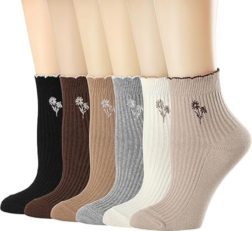 BROPAPA Damen Socken 6er Pack, Blumen Stickerei Socken mit Spitzenrand, Atmungsaktive Baumwollsocken für Sneaker Alltag Büro 6er Pack
