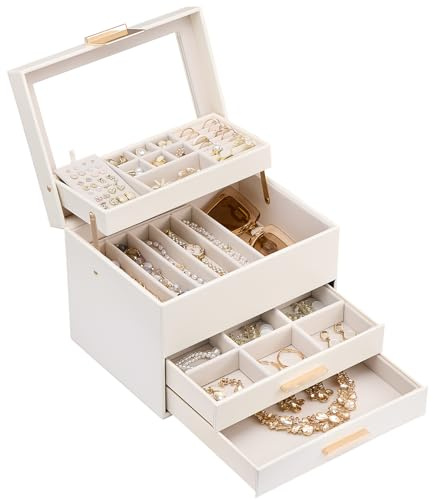 Lolalet Jewelry Box, Clear Window Jewelry Organizer with Drawer for Earrings Bracelets Necklaces Rings, Jewelry Storage for Women -White, 4 Layers