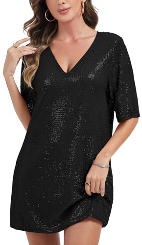 Kyzoeyou Damen Midikleid Kurzarm Pailletten Glitzer A-Linie Kleid Casual Tunika Kleid Rundhal Tshirt Kleider (Schwarz M)