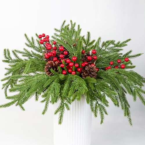 HBell Norfolk Tannenstiele, 45,7 cm, fühlt sich echt an, künstliche Tannenzweige, Weihnachtslaubspieße, Baumfüller, Zweige für Weihnachtsvasen, Füller, Kranz, Girlande, Heimdekoration (Tannenzapfen)
