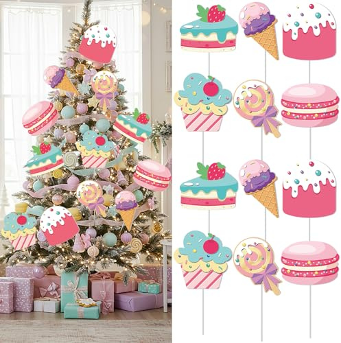 Halloscume 12 Pcs Pastel Candy Christmas Tree Decorations Picks Colorful Xmas Cake Ice Cream Picks Macarons Ornaments Gumdrop Decorations for Christmas Tree Vase Wreath Garland Decoration Supplies