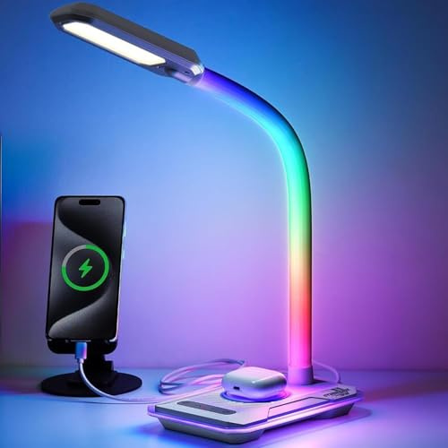 Schreibtischlampe LED Dimmbare RGB Tischleuchte mit 15W Wireless Charger und USB Ladefunktion, Musik Sync, Touch Steuerung, 8 Farbmodi , Einstellbar Schwanenhals Leselicht für Lesen Home Office, Weiß