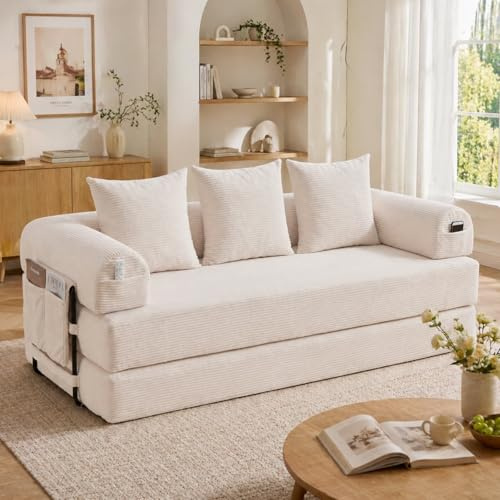 KOMHTOM Canapé 3 Places en Velours Côtelé avec 3 Coussins Confortables, DIY Libre et Structure Métal - Canapé Convertible Multifonctionnel Moderne (Beige-B)