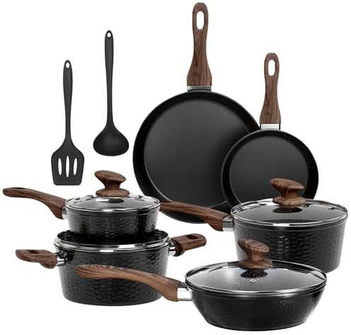 Kitchen Academy Pfannensets, antihaftbeschichtet, Granit, Schwarz, Induktionskochfeld, Pfannen-Set, 12-teiliges Kochtopf-Set mit Deckel, Bratpfanne, Kochgeschirr, antihaftbeschichtet, Töpfe und