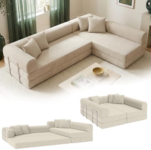 skølm Lofn Ecksofa 4-Sitzer 300 cm, Cord Beige, Wohnlandschaft, 4 Kissen | Klappsofa, ausklappbar zum Schlafsofa/Bodensofa, modulare Vollschaumcouch Boneless mit Stahlgestell, vakuumverpackt, L-Form