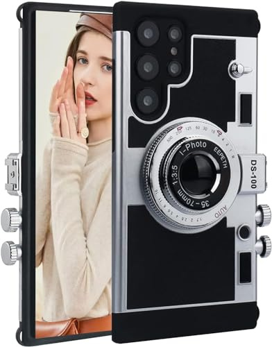 YAKVOOK Emily in Paris Phone Case for Samsung Galaxy S26 Ultra,Cute 3D Vintage Camera Phone Case with Lanyard Adjustable Shoulder Strap Unique Cool Silicone PC Case for Girls Women Black