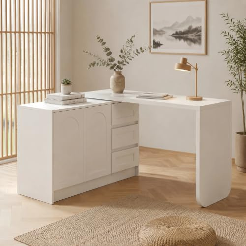 IANIYA L-förmiger Schreibtisch mit 360° Drehregal, Eckschreibtisch mit 3 Schubladen für Arbeitszimmer & Schlafzimmer