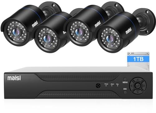 Maisi HD CCTV Camera System, 8 Channel 3K Security DVR with 4PCS 5MP Outdoor Bullet Cameras and 1TB Hard Drive (2560x1920p, Night Vision, Waterproof, Easy Mobile and PC Access)