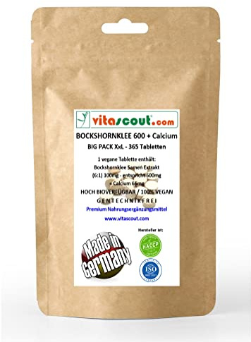 Bockshornklee Fenugreek Extrakt 600mg + 66mg Calcium – 365 Vegane Tabletten, Standardisiert mit 50mg Saponinen - LABORGEPRÜFT - 100% GENTECHNIKFREI